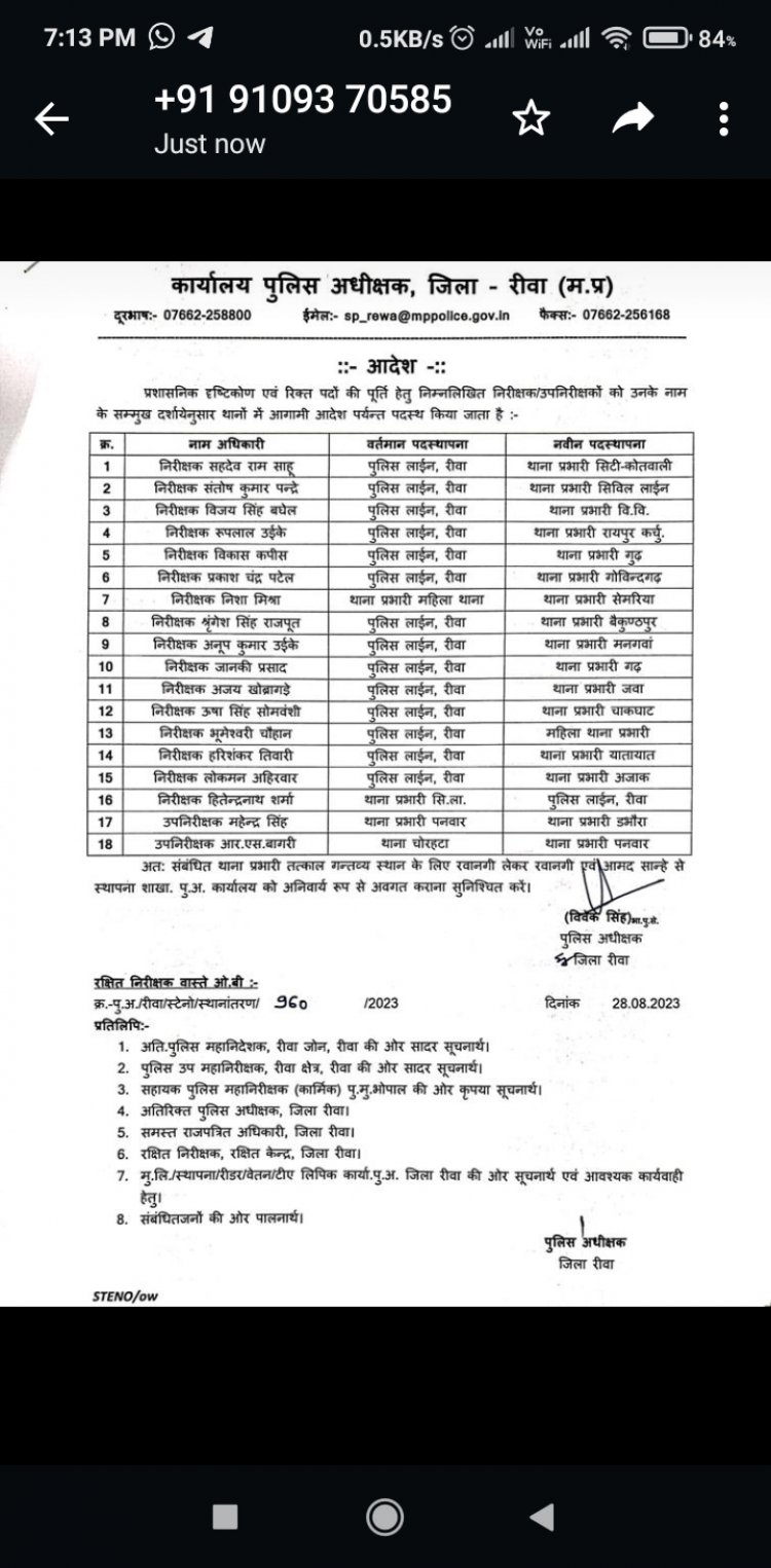 पुलिस विभाग में बड़ा फेरबदल, 18 थाना प्रभारी बदल गए, निरीक्षकों को मिली कमान